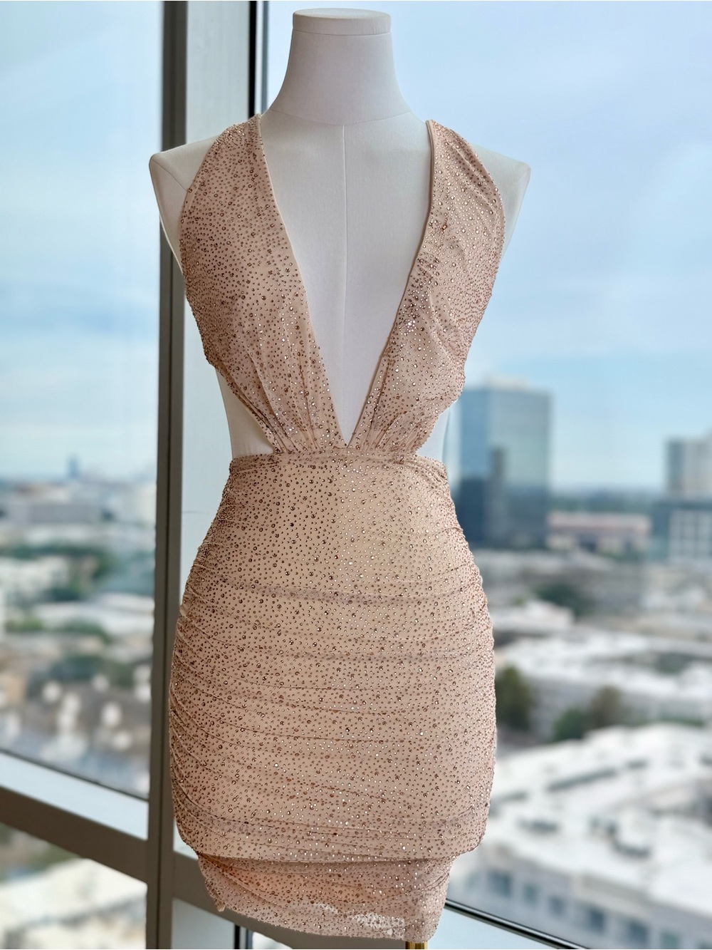 Oh Polly Glimmer of Hope Embellished Plunge Neck Mini Dress US 2